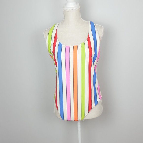 NWOT Aerie White Neon Rainbow Striped Full Coverage One Piece Bathing Suit XL - Picture 7 of 11